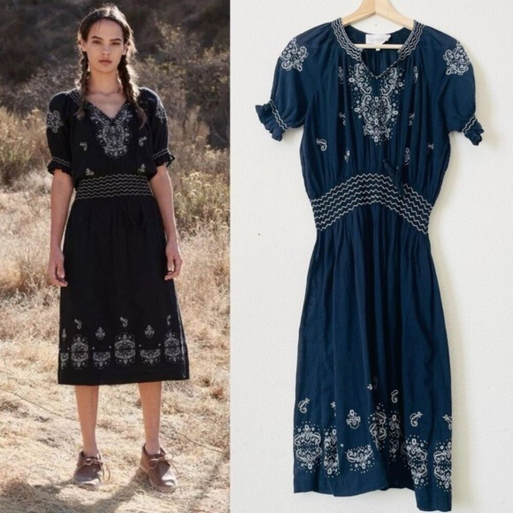 THE GREAT. Navy Embroidered Midi Dress